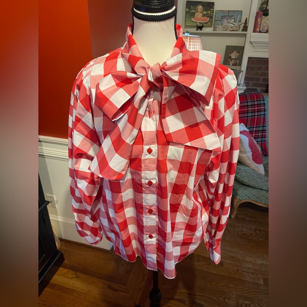 TEGGY FRENCH, Size- Large, RED Large Block Gingham Blouse with LARGE BOW